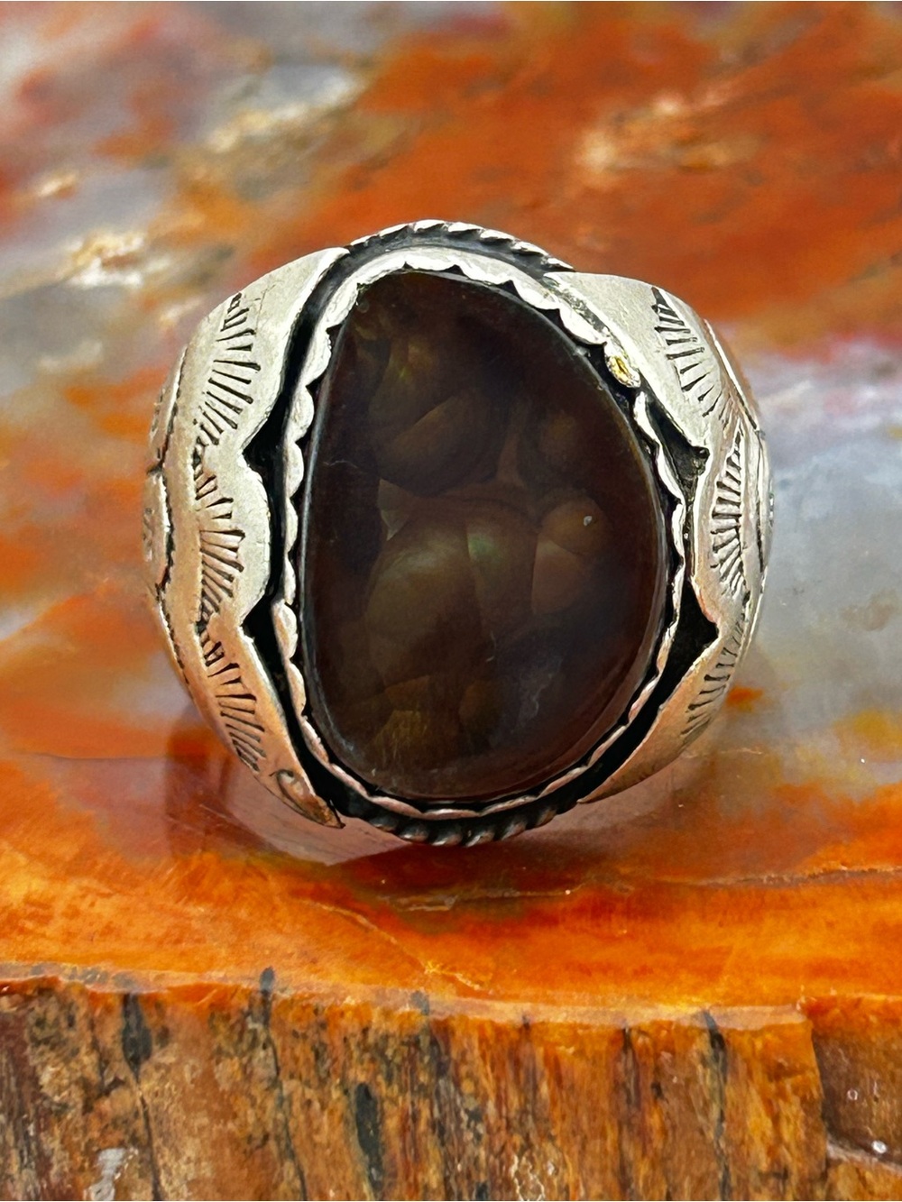 Mens Southwest Sterling Silver Ring with Fire Agate - Size 10